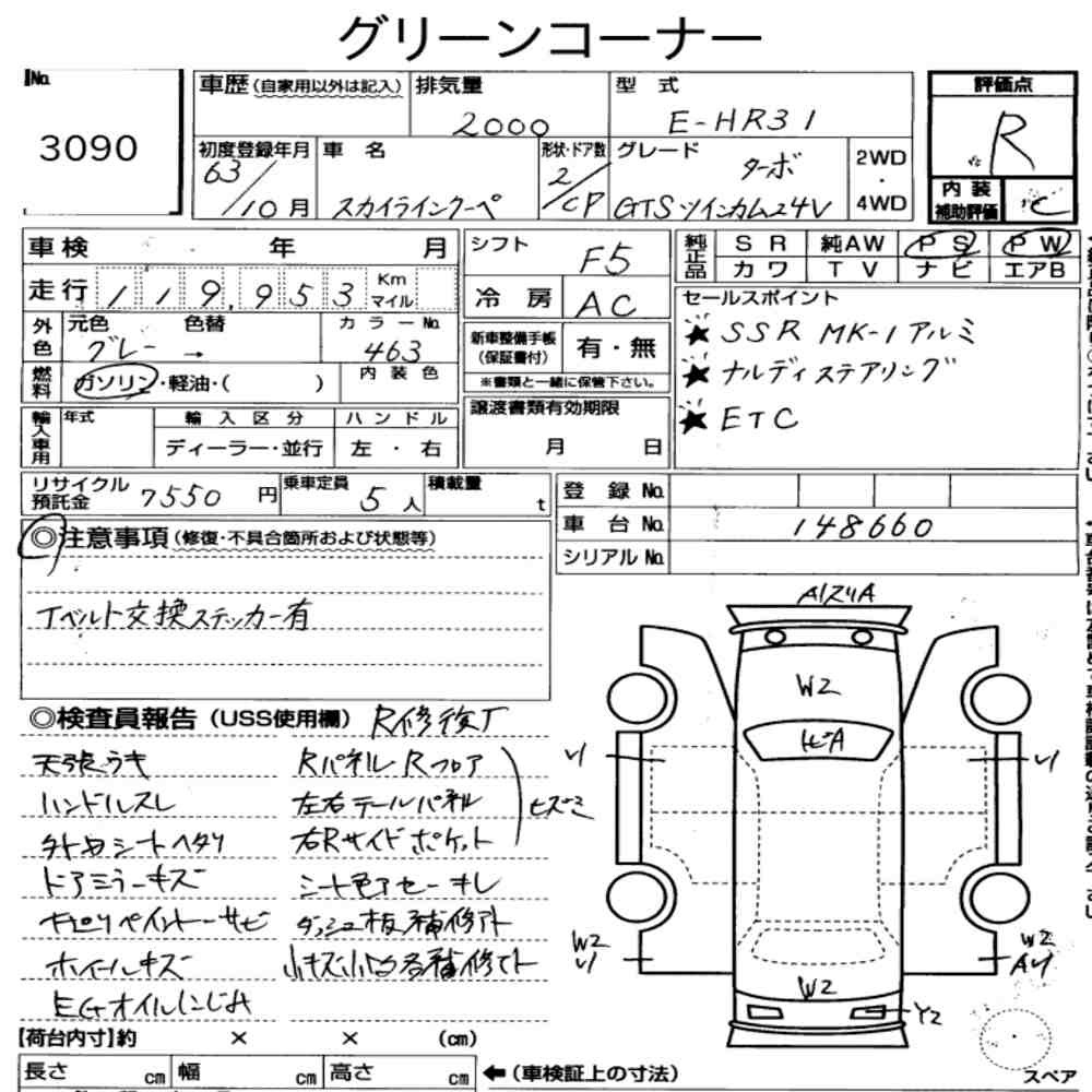 Arkusz aukcyjny — 1988 Nissan Skyline CP GTS Twin Cam 24V Turbo