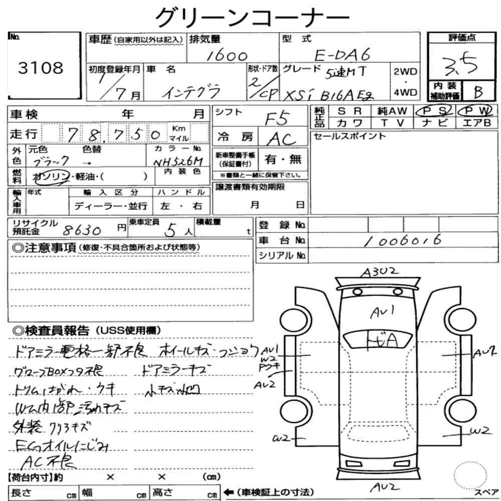 Arkusz aukcyjny — 1989 Honda Integra CP Xsi
