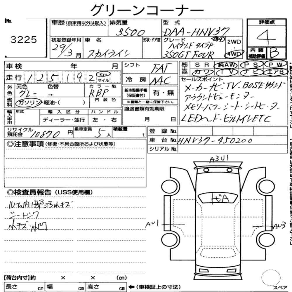 Arkusz aukcyjny — 2017 Nissan Skyline 4D 4WD 350GT Four Hybrid Type P