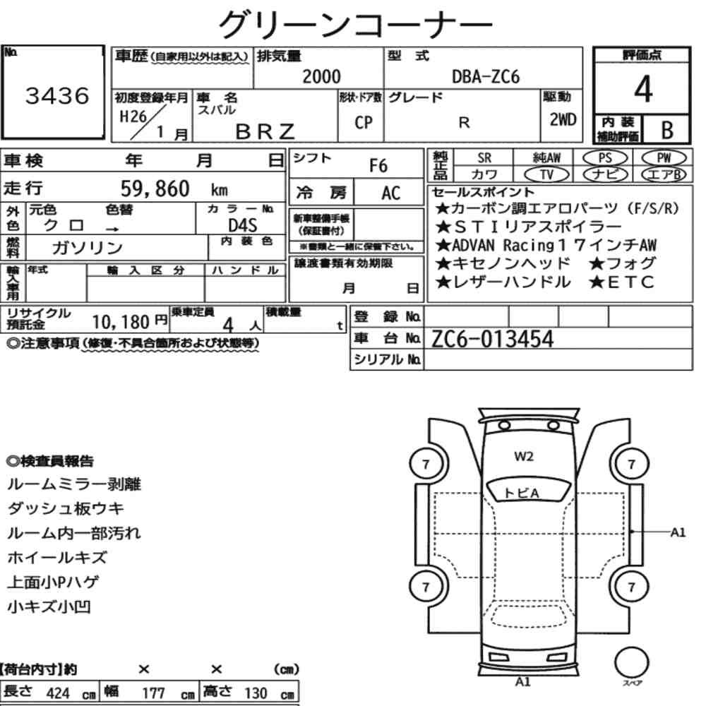 Arkusz aukcyjny — 2014 Subaru BRZ R