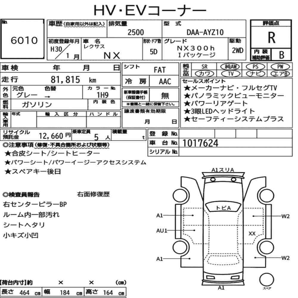 Arkusz aukcyjny — 2018 Lexus NX NX300H I Package