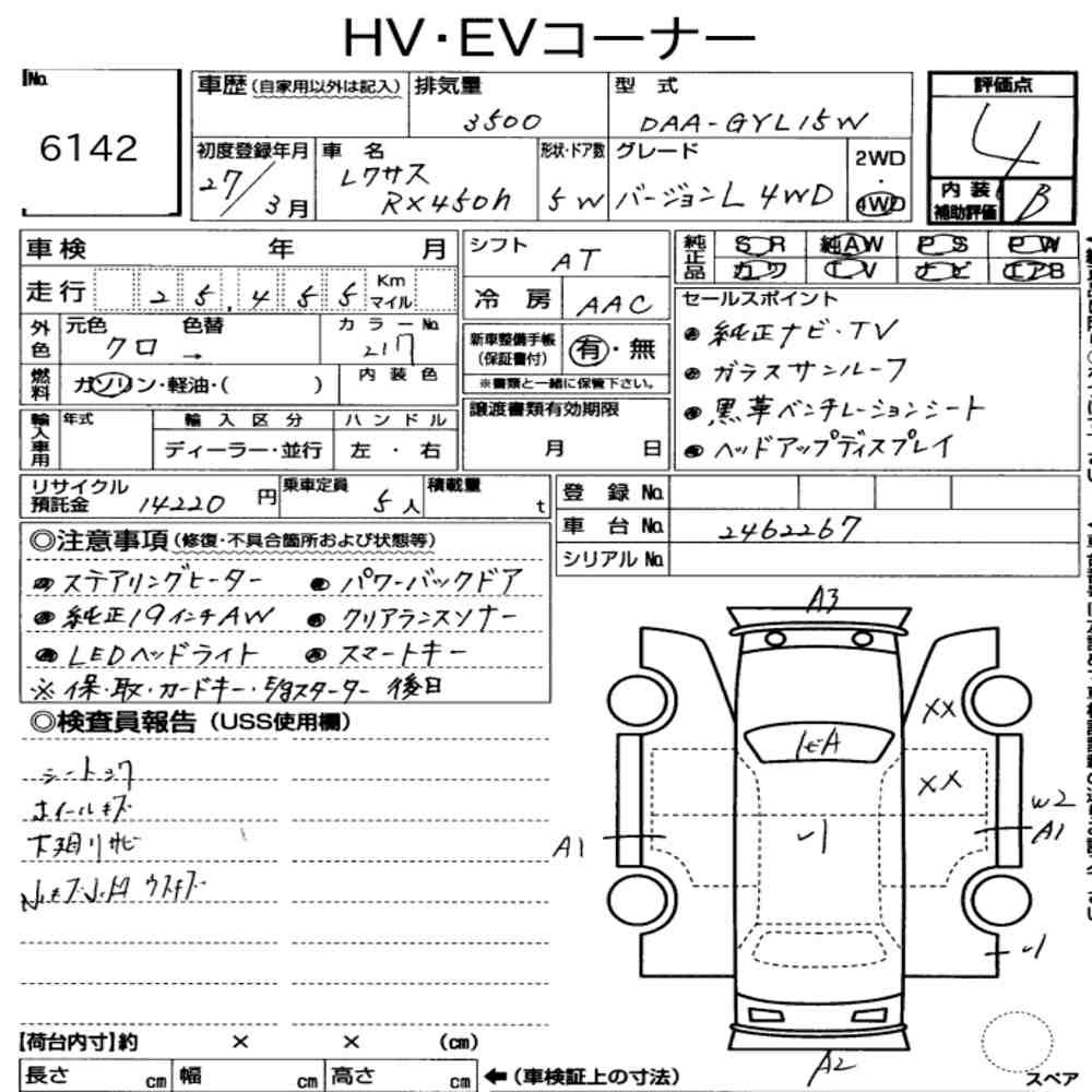 Arkusz aukcyjny — 2015 Lexus RX 4WD RX450H Version L