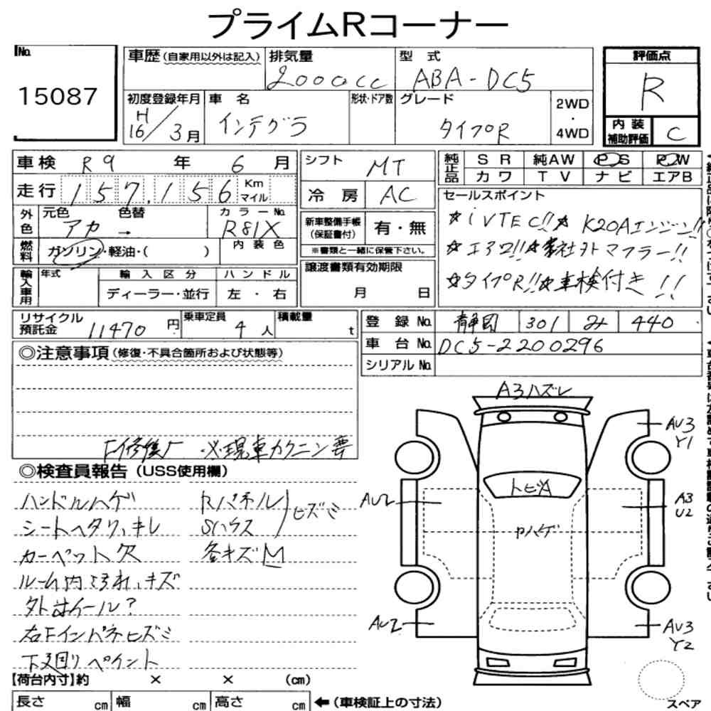 Arkusz aukcyjny — 2004 Honda Integra CP Type R