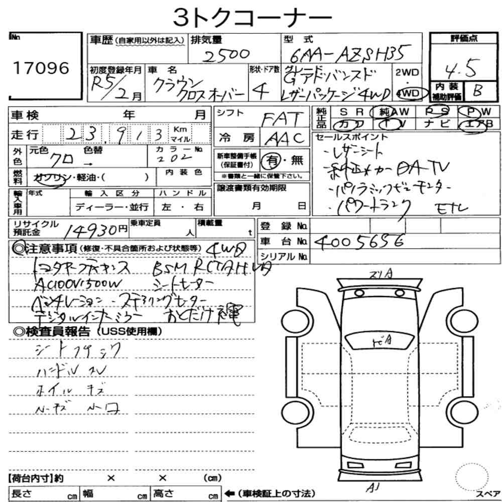 Arkusz aukcyjny — 2023 Toyota Crown Crossover 4WD G Advanced・leather Package