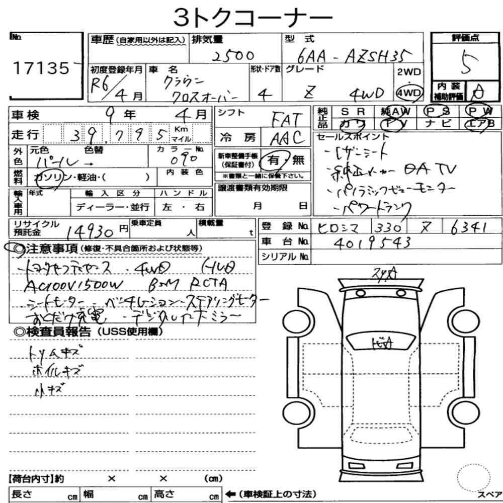 Arkusz aukcyjny — 2024 Toyota Crown Crossover 4WD Z