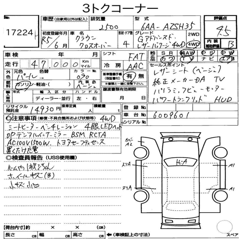 Arkusz aukcyjny — 2023 Toyota Crown Crossover 4WD G Advanced・leather Package