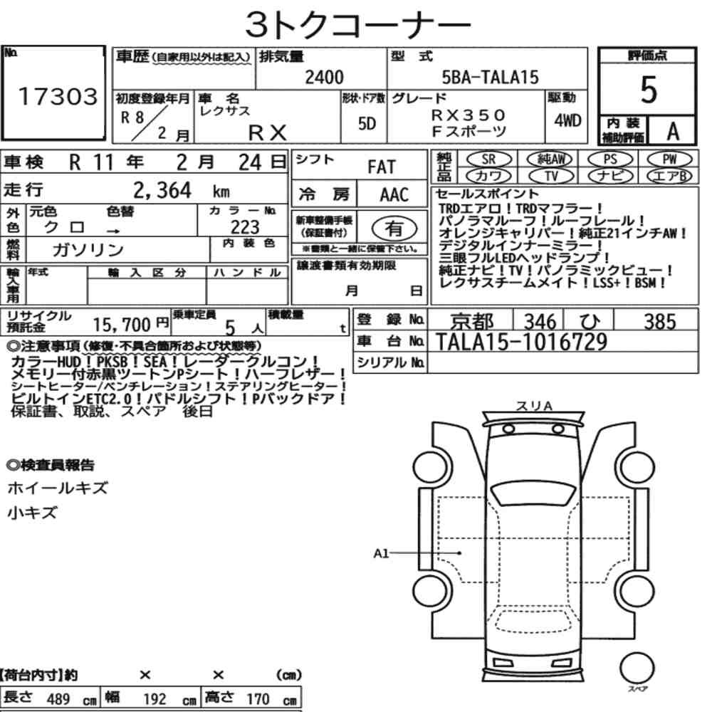 Arkusz aukcyjny — 2026 Lexus RX 4WD F Sport