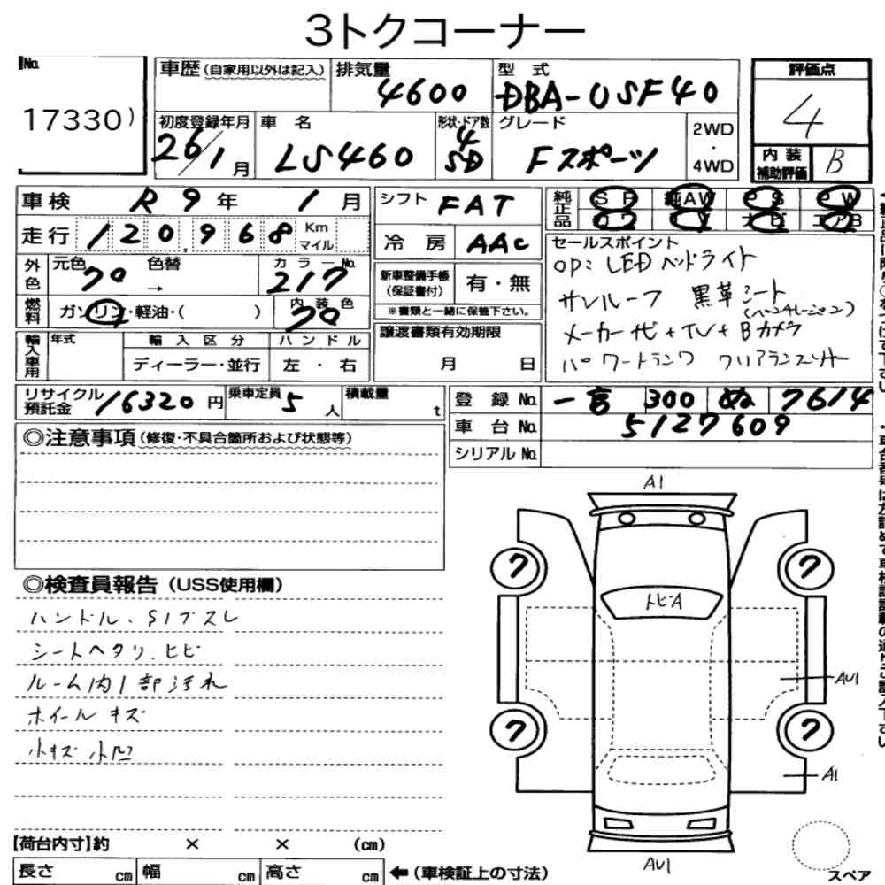 Arkusz aukcyjny — 2014 Lexus LS LS460 F Sport