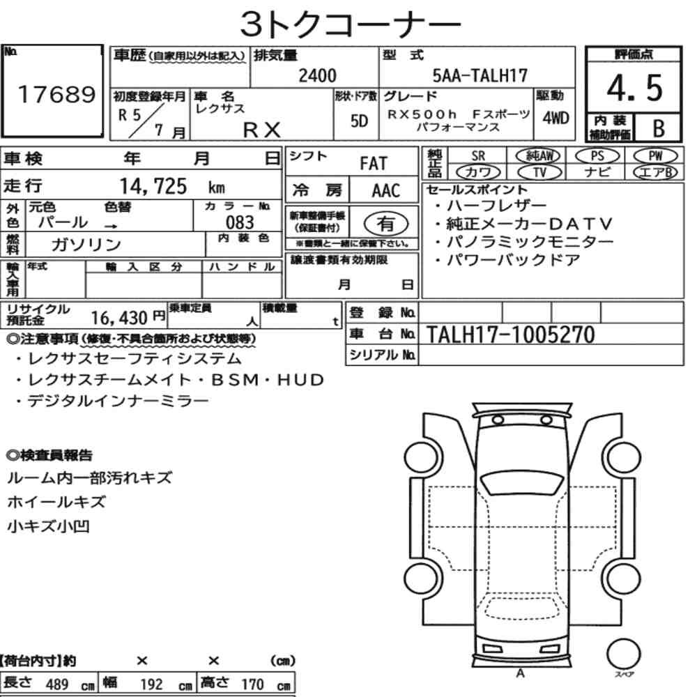 Arkusz aukcyjny — 2023 Lexus RX 4WD RX500H F Sport Performance