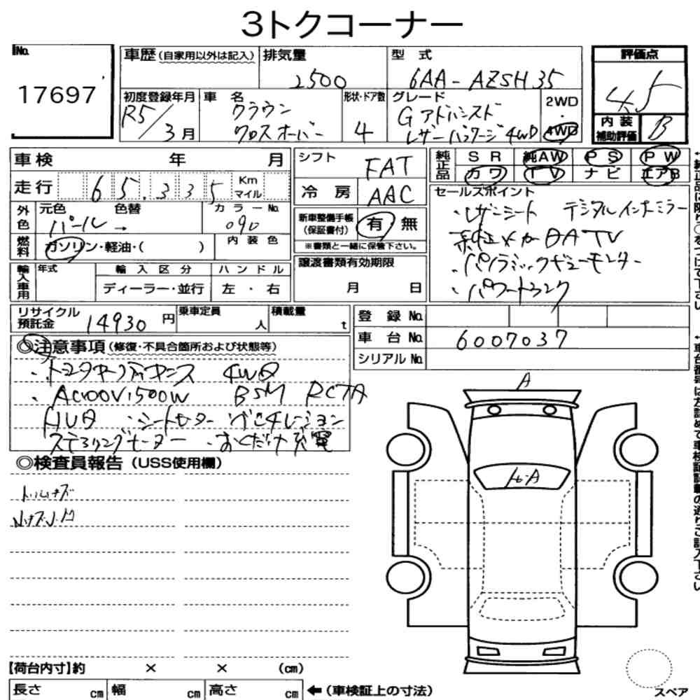Arkusz aukcyjny — 2023 Toyota Crown Crossover 4WD G Advanced・leather Package