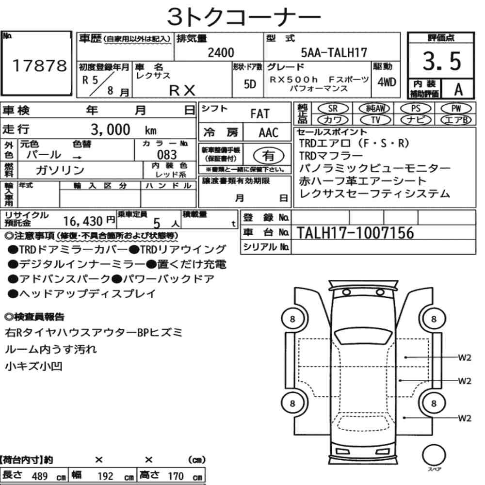 Arkusz aukcyjny — 2023 Lexus RX 4WD RX500H F Sport Performance