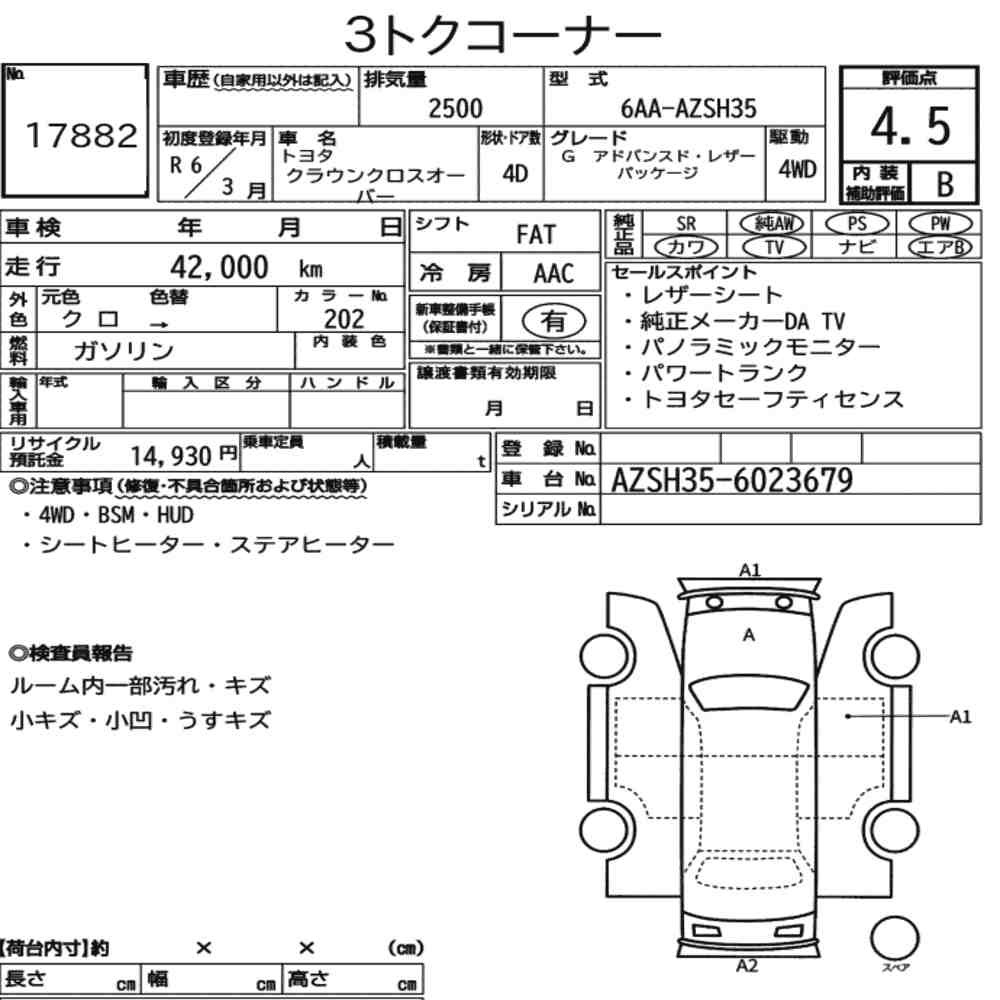 Arkusz aukcyjny — 2024 Toyota Crown Crossover 4WD G Advanced･leather Package