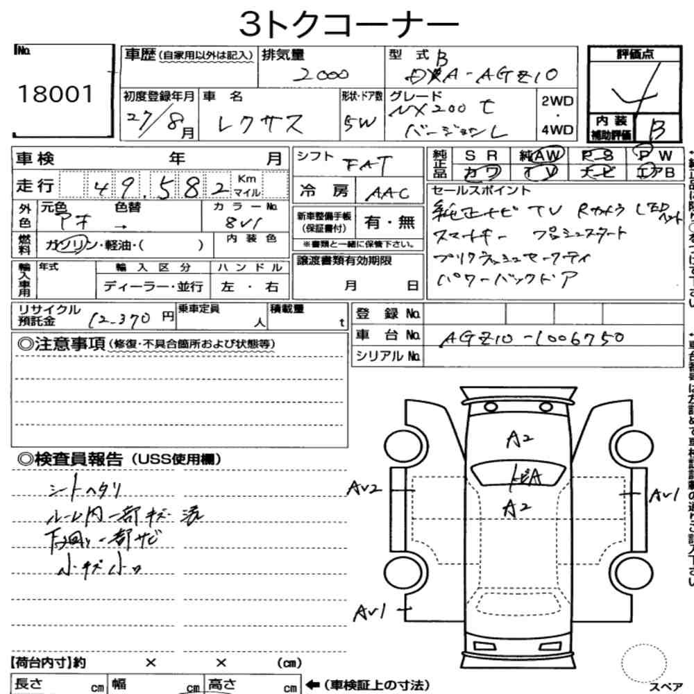 Arkusz aukcyjny — 2015 Lexus NX NX200T Version L