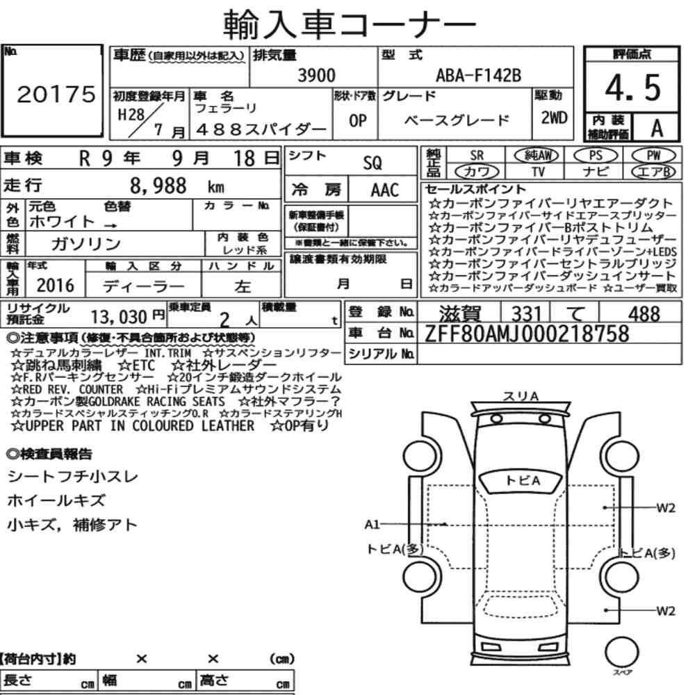 Arkusz aukcyjny — 2016 Ferrari 488 Spider Base Grade