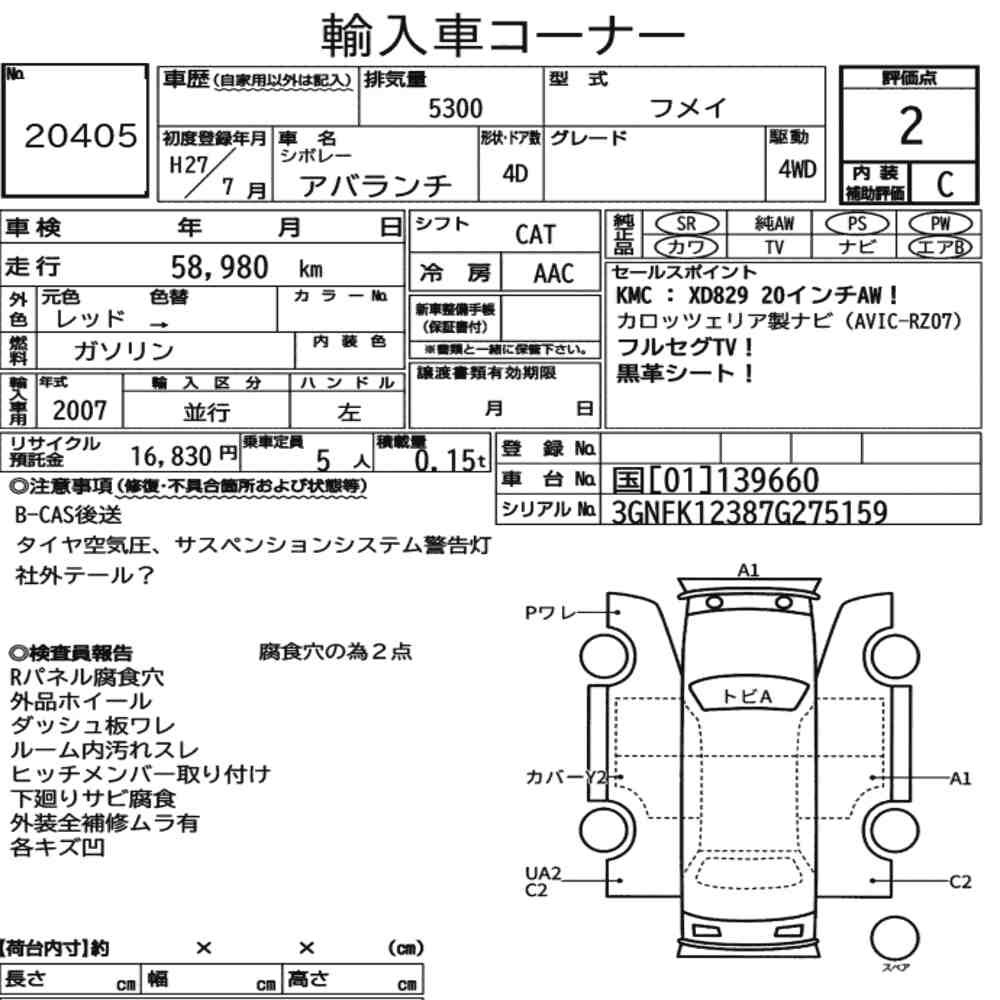 Arkusz aukcyjny — 2015 Chevrolet Avalanche 4D 4WD