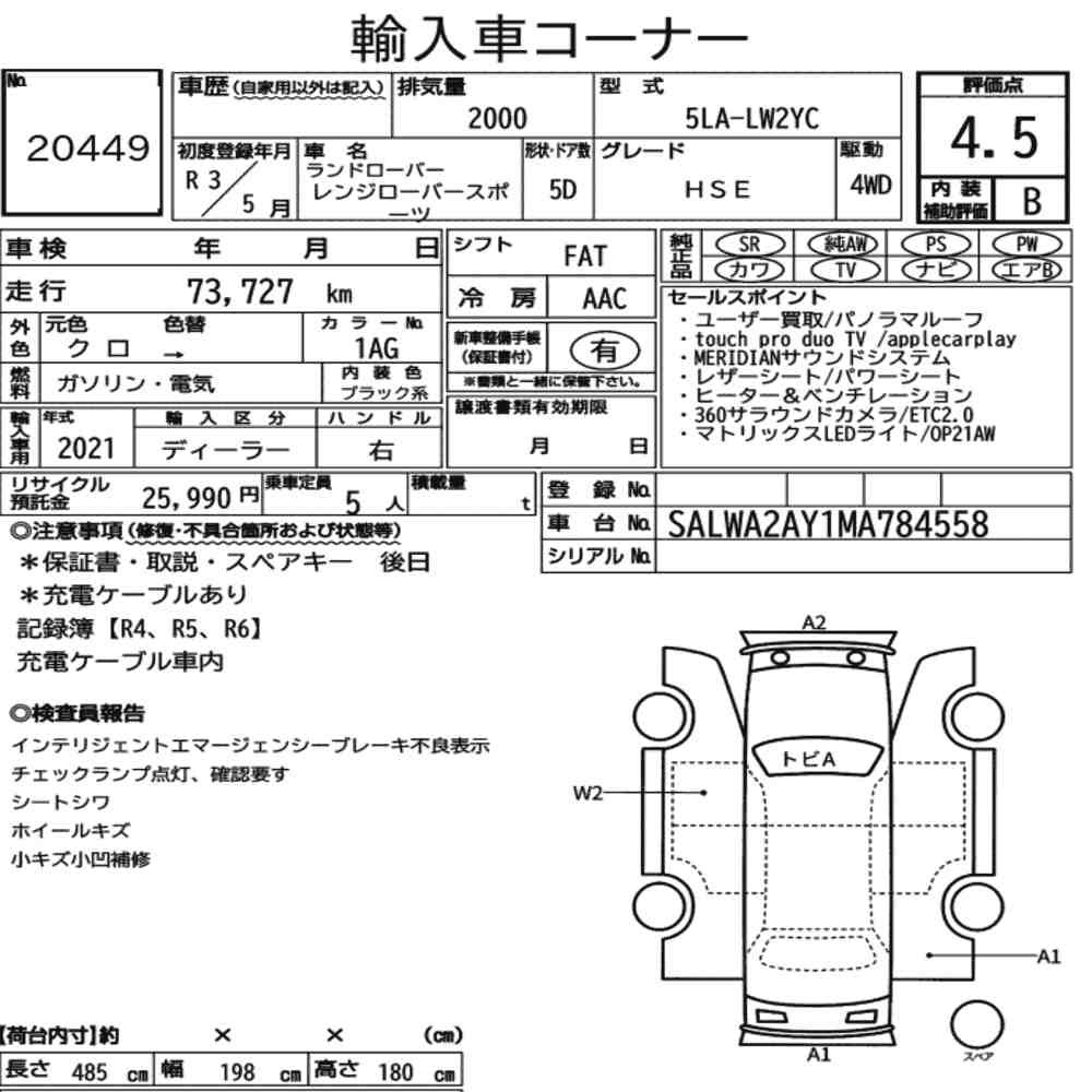 Arkusz aukcyjny — 2021 Land Rover Range Rover Sport 4WD Hse
