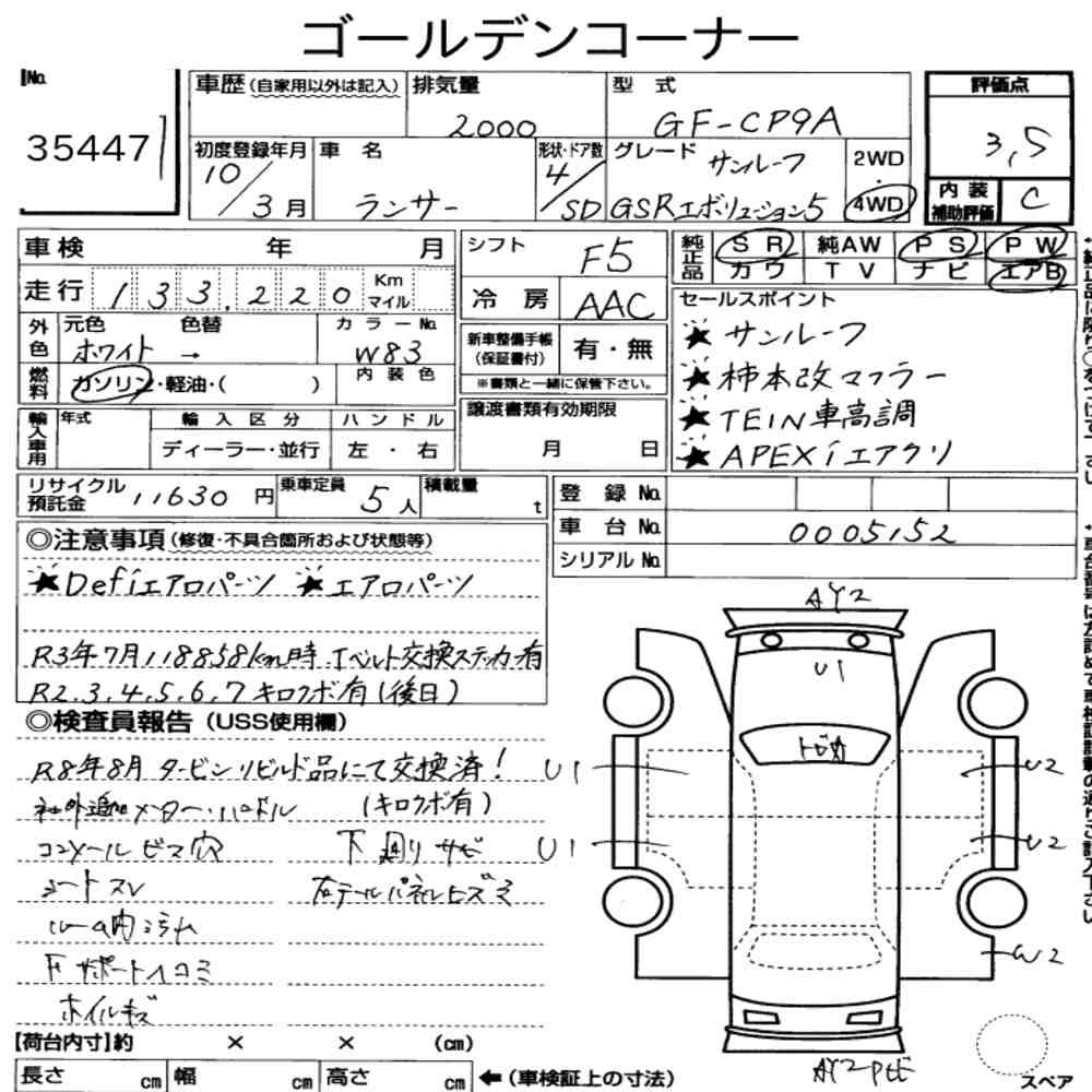 Arkusz aukcyjny — 1998 Mitsubishi Lancer 4D 4WD GSR Evolution Ⅴ