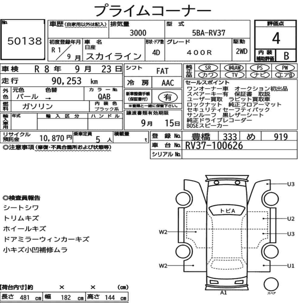 Arkusz aukcyjny — 2019 Nissan Skyline 4D 400R