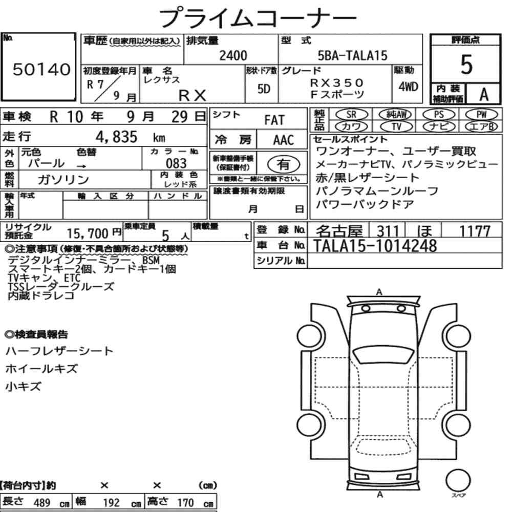 Arkusz aukcyjny — 2025 Lexus RX 4WD F Sport