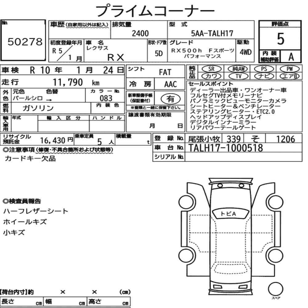 Arkusz aukcyjny — 2023 Lexus RX 4WD RX500H F Sport Performance