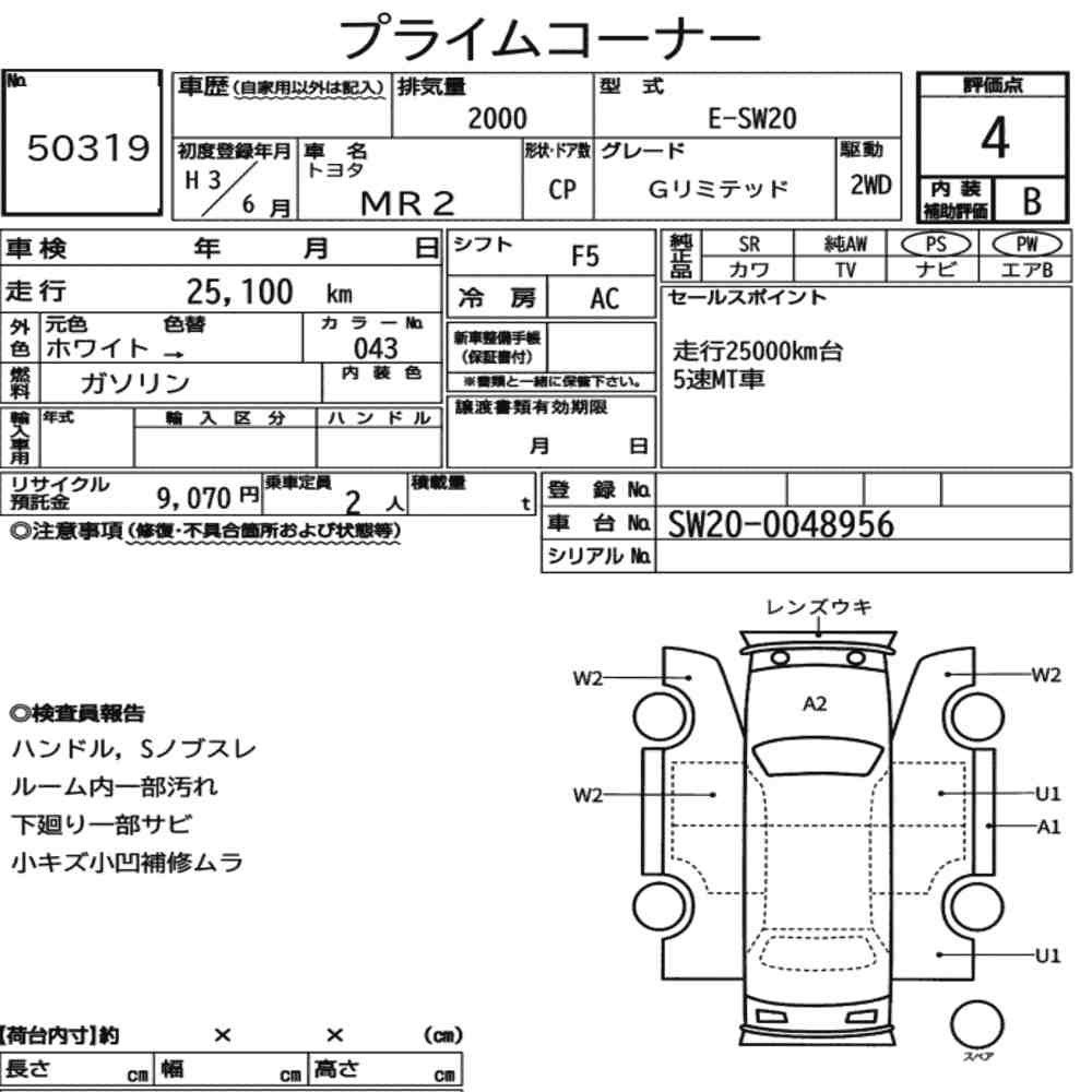 Arkusz aukcyjny — 1991 Toyota MR2 CP G Limited
