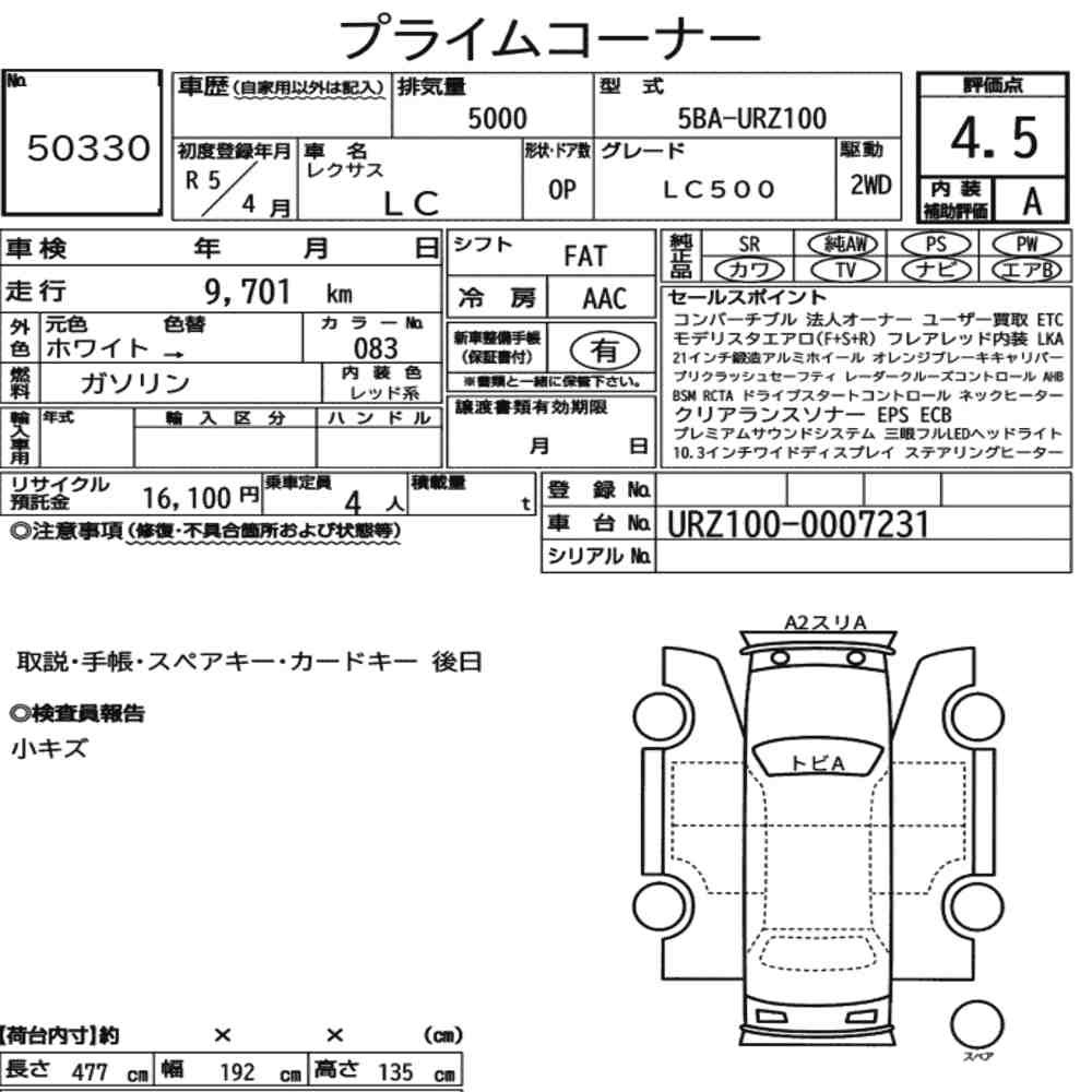 Arkusz aukcyjny — 2023 Lexus LC Op LC500