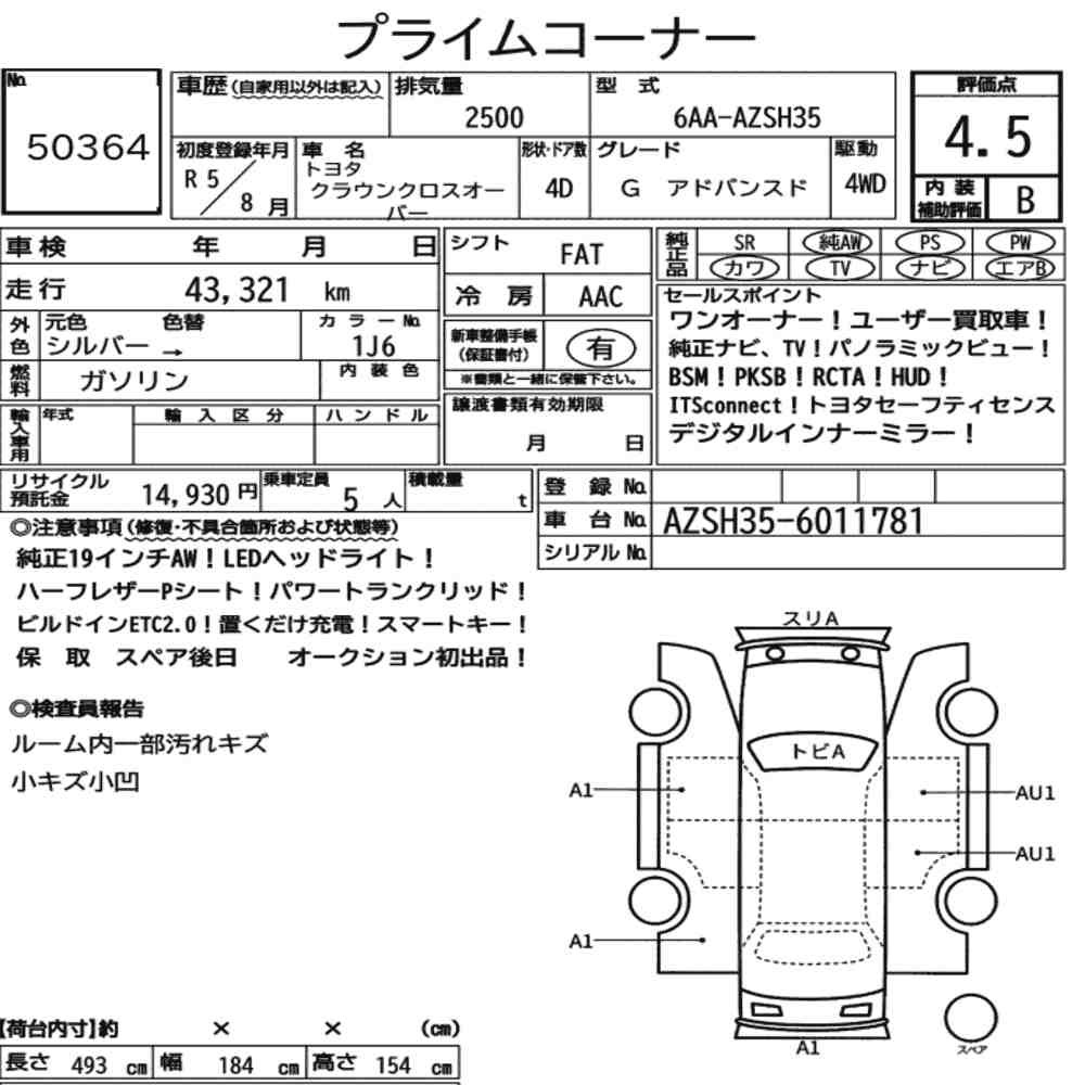 Arkusz aukcyjny — 2023 Toyota Crown Crossover 4WD G Advanced