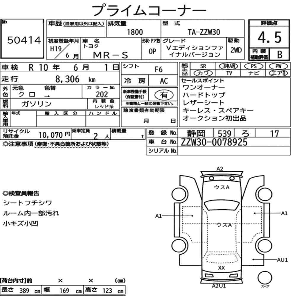 Arkusz aukcyjny — 2007 Toyota MR-S V Edition Final Version