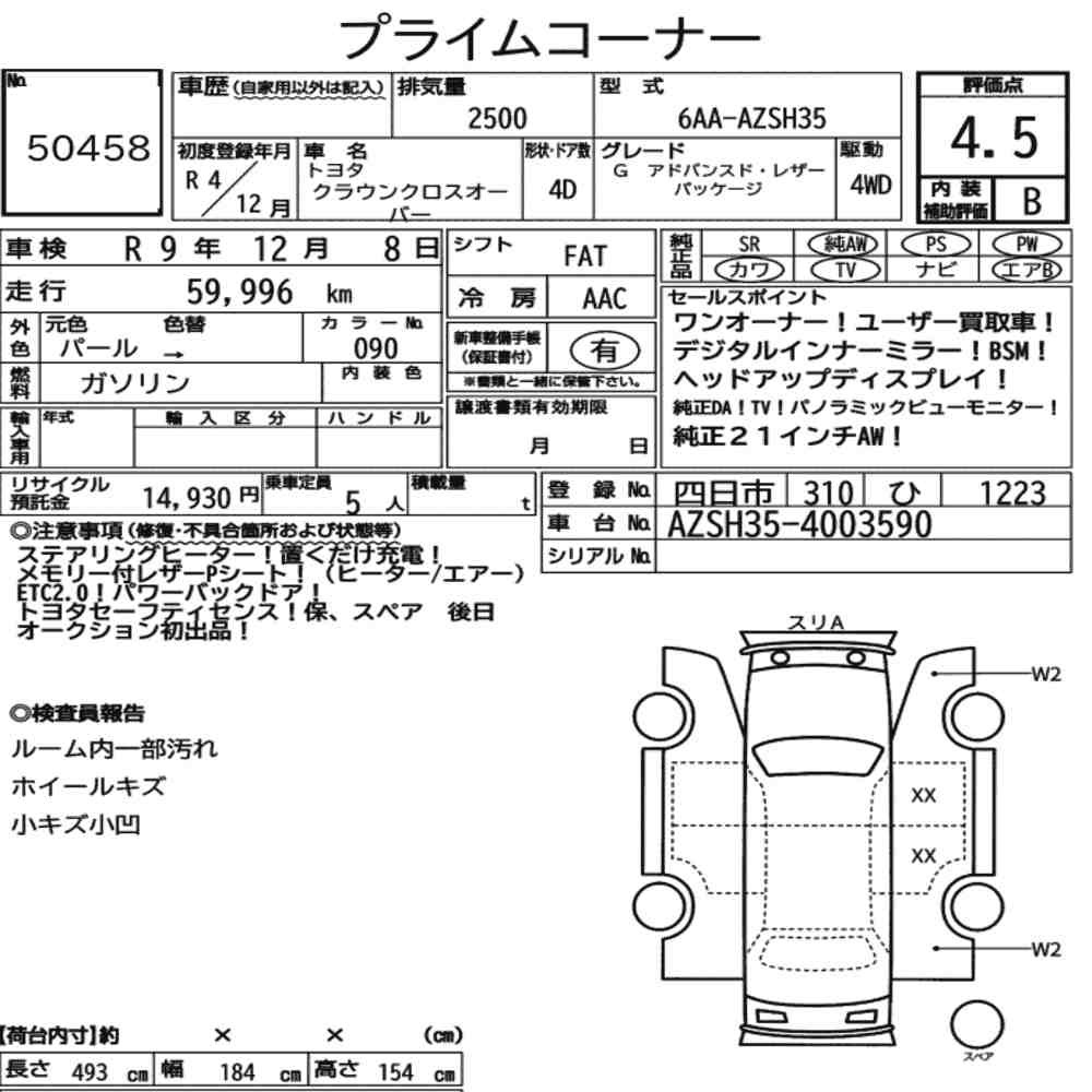 Arkusz aukcyjny — 2022 Toyota Crown Crossover 4WD G Advanced・leather Package