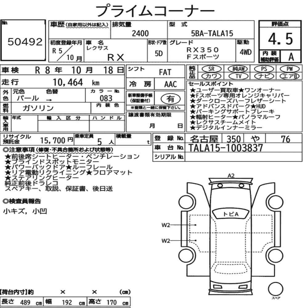 Arkusz aukcyjny — 2023 Lexus RX 4WD F Sport