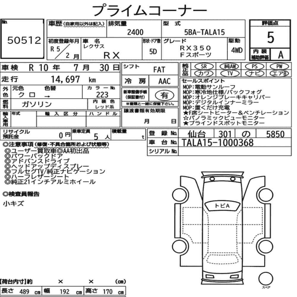 Arkusz aukcyjny — 2023 Lexus RX 4WD F Sport