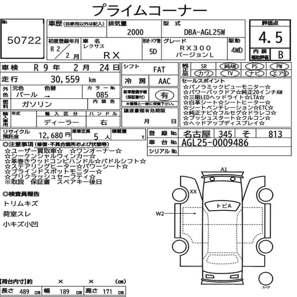 Arkusz aukcyjny — 2020 Lexus RX 4WD RX300 Version L