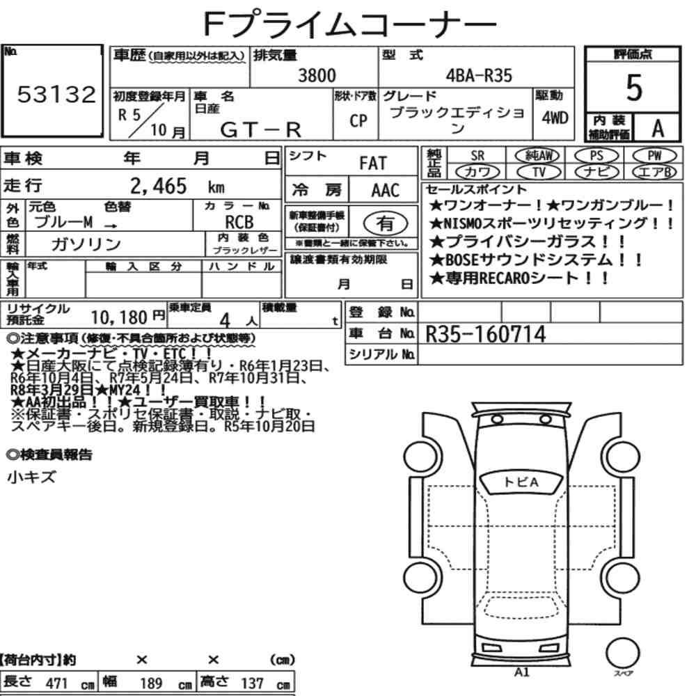 Arkusz aukcyjny — 2023 Nissan GT-R 4WD Black Edition