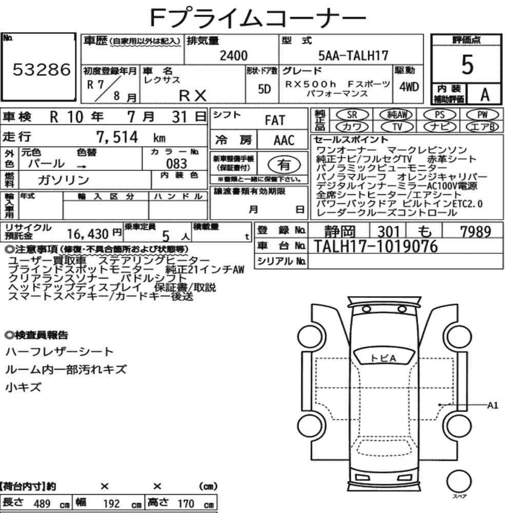 Arkusz aukcyjny — 2025 Lexus RX 4WD RX500H F Sport Performance