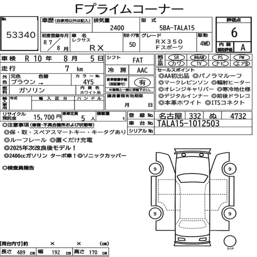 Arkusz aukcyjny — 2025 Lexus RX 4WD F Sport