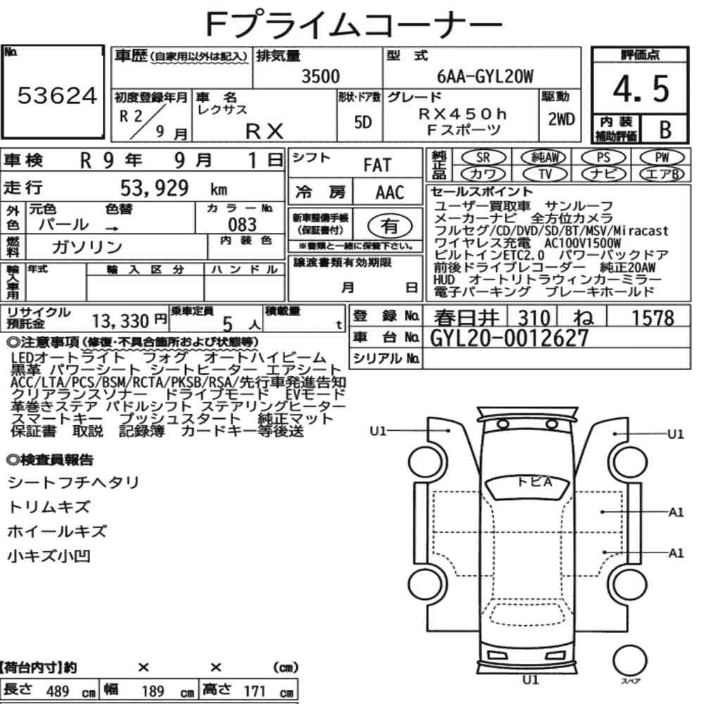 Arkusz aukcyjny — 2020 Lexus RX RX450H F Sport