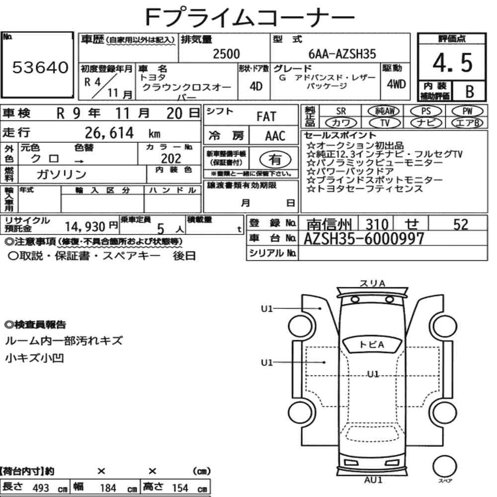 Arkusz aukcyjny — 2022 Toyota Crown Crossover 4WD G Advanced・leather Package