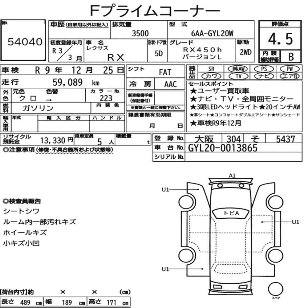 Arkusz aukcyjny — 2021 Lexus RX RX450H Version L