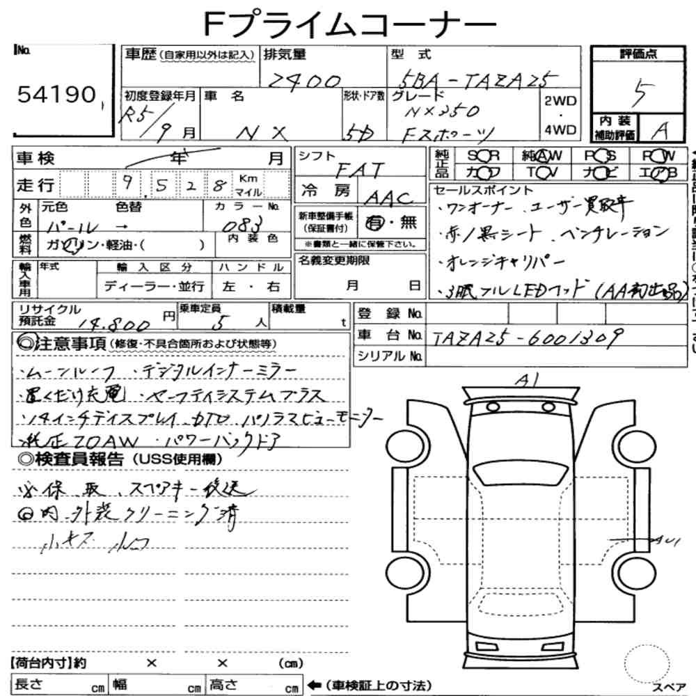 Arkusz aukcyjny — 2023 Lexus NX 4WD NX350 F Sport