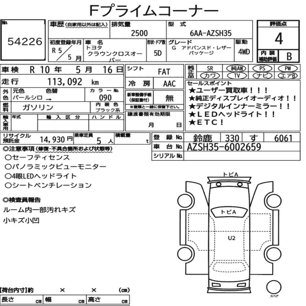 Arkusz aukcyjny — 2023 Toyota Crown Crossover 4WD G Advanced・leather Package