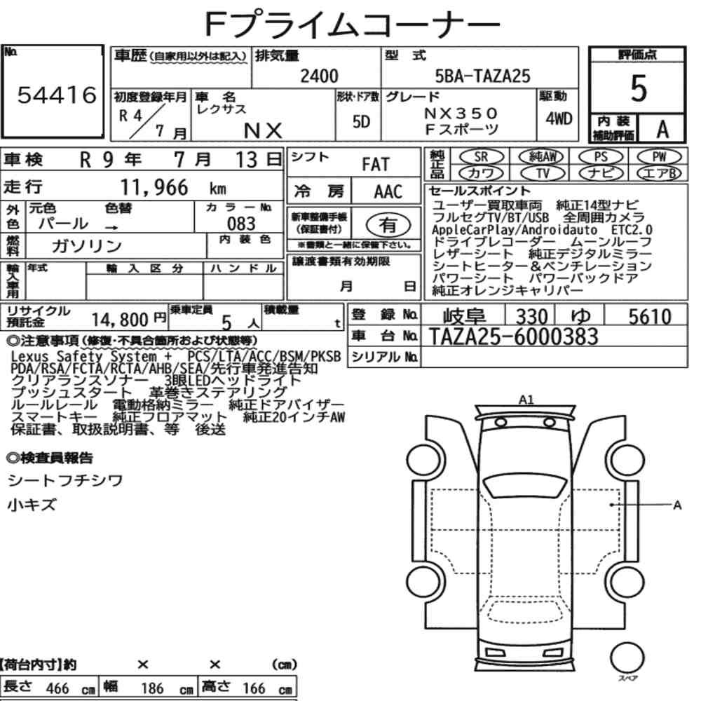 Arkusz aukcyjny — 2022 Lexus NX 4WD NX350 F Sport
