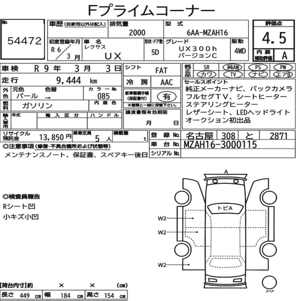 Arkusz aukcyjny — 2024 Lexus Ux 4WD UX300H Version C