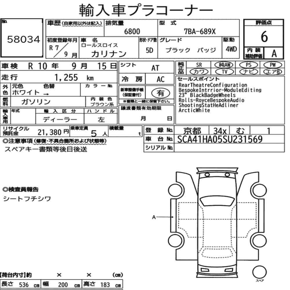 Arkusz aukcyjny — 2025 Rolls-Royce Cullinan 4WD Black Badge