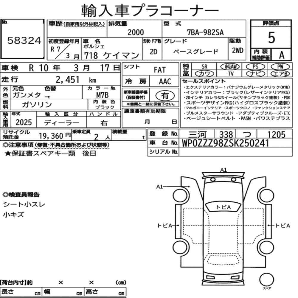 Arkusz aukcyjny — 2025 Porsche 718 Cayman