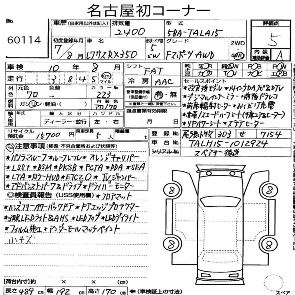 Arkusz aukcyjny — 2025 Lexus RX 4WD F Sport