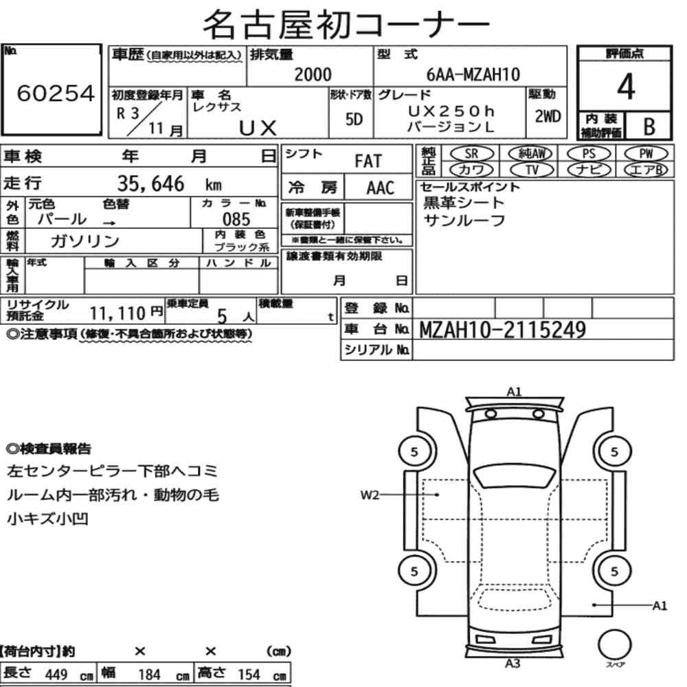 Arkusz aukcyjny — 2021 Lexus Ux UX250H Version L