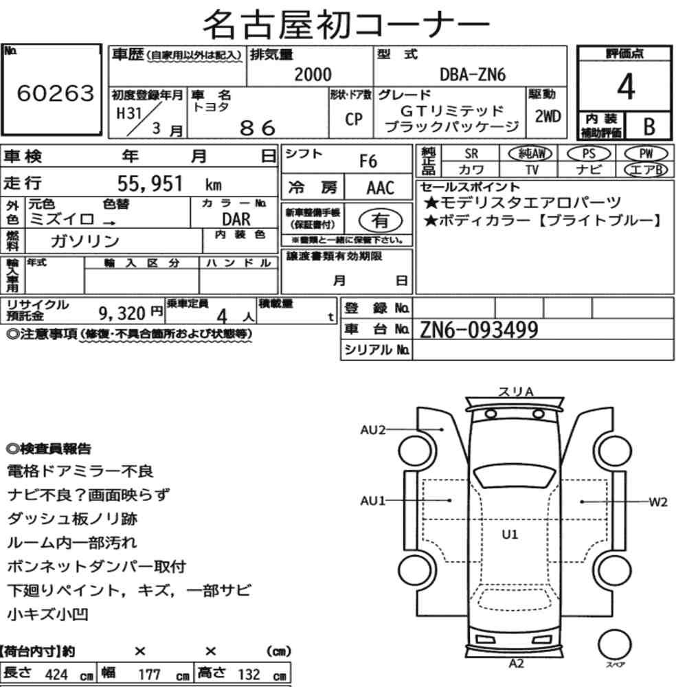 Arkusz aukcyjny — 2019 Toyota 86 GT Limited Black Package