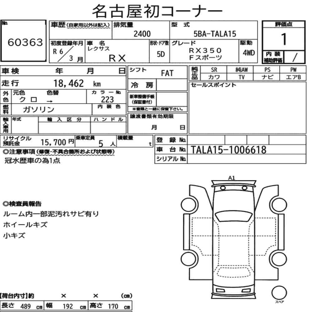 Arkusz aukcyjny — 2024 Lexus RX 4WD F Sport