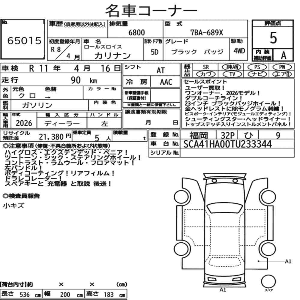 Arkusz aukcyjny — 2026 Rolls-Royce Cullinan 4WD Black Badge