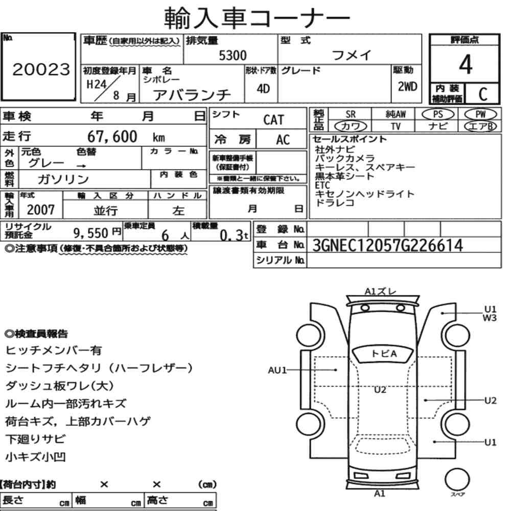 Arkusz aukcyjny — 2012 Chevrolet Avalanche 4D